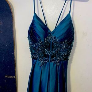 Sage prom dress slit down the side adjustable